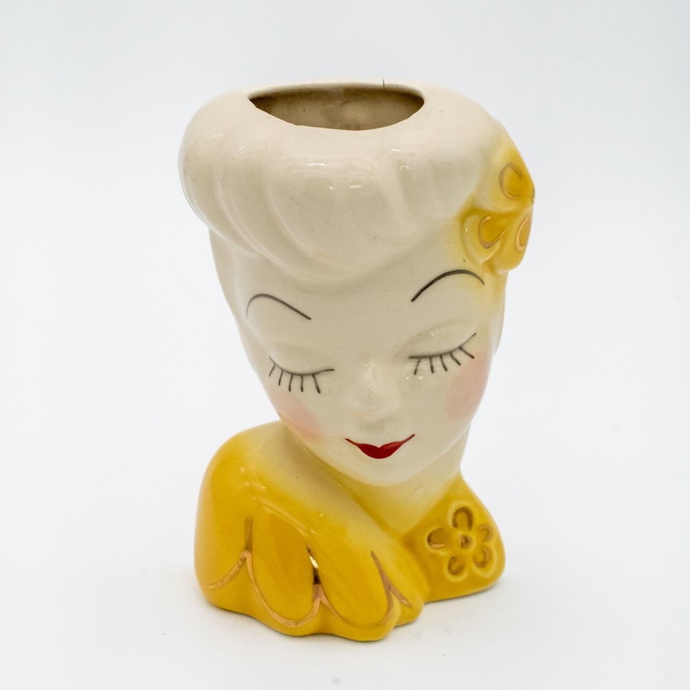 Vintage Glamour Girls Yellow Wall Pocket Head Vase